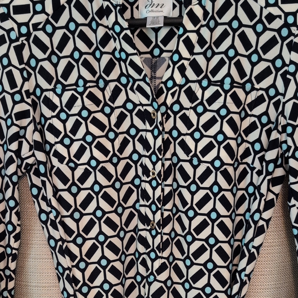Elegant Navy, Light Blue and Off-White Geometric Long Sleeve Dress - Picture 3 of 9